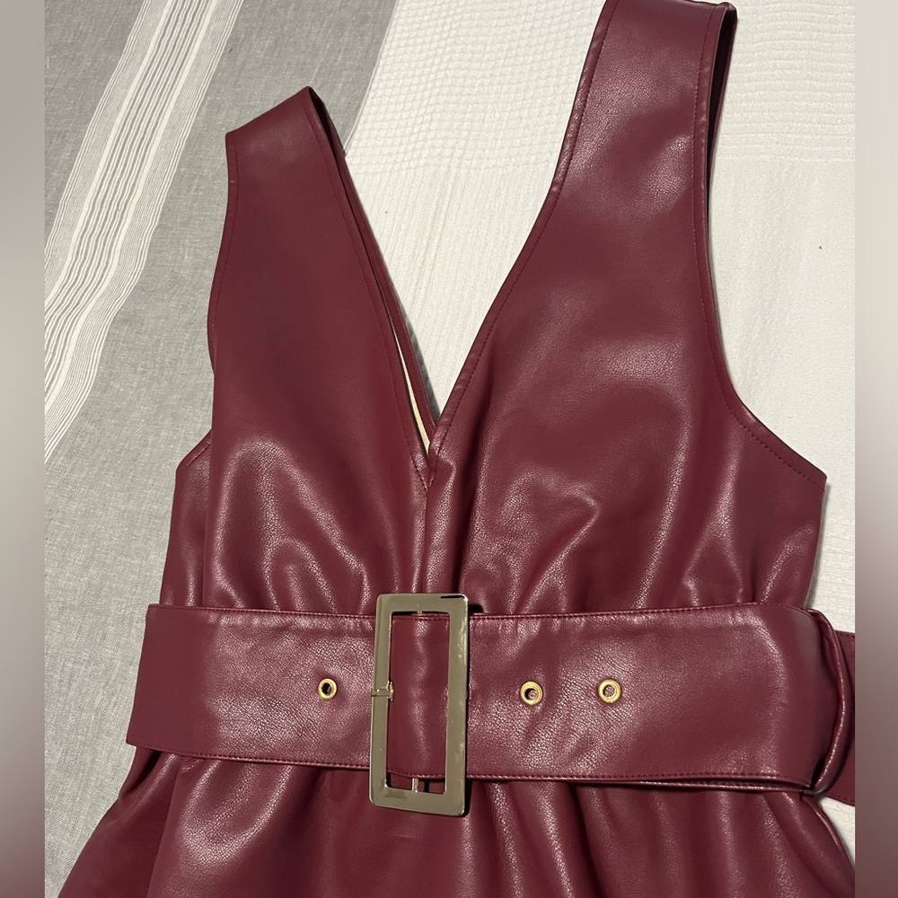 Miss Selfridge belted faux leather dress in burgundy - Picture 6 of 7